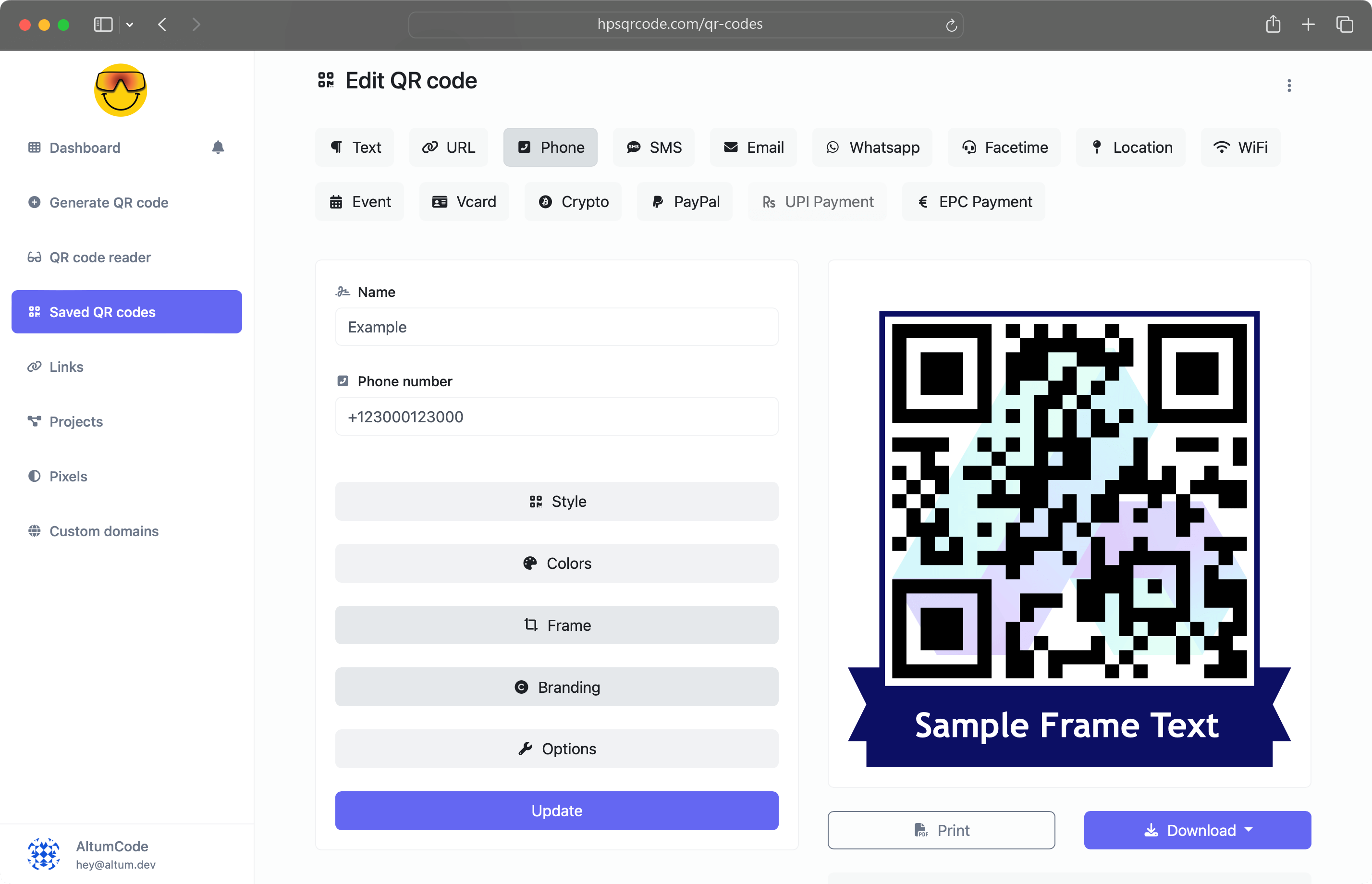 Screenshot of the QR code generator page